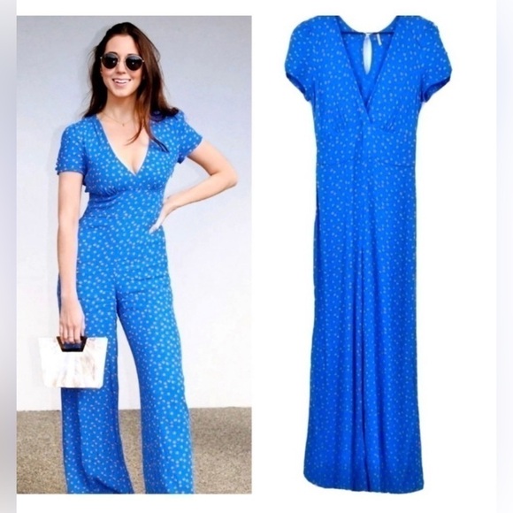 Free People Cornflower Blue Floral Jumpsuit Suit Jumper Romper Wide Leg size  10 - Picture 2 of 13